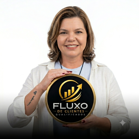 Consultora da Fluxo de Clientes segurando o logotipo da marca, representando atendimento personalizado para contabilidades e pequenos negócios