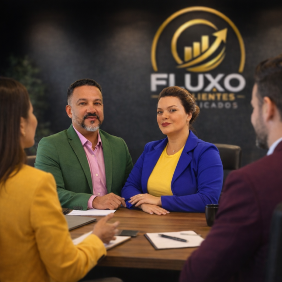 Equipe da Fluxo de Clientes em reunião de consultoria com cliente, com logotipo da marca ao fundo