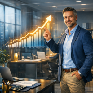 Homem de negócios em escritório apontando para gráfico de crescimento, representando resultados de estratégias de marketing para contadores.
