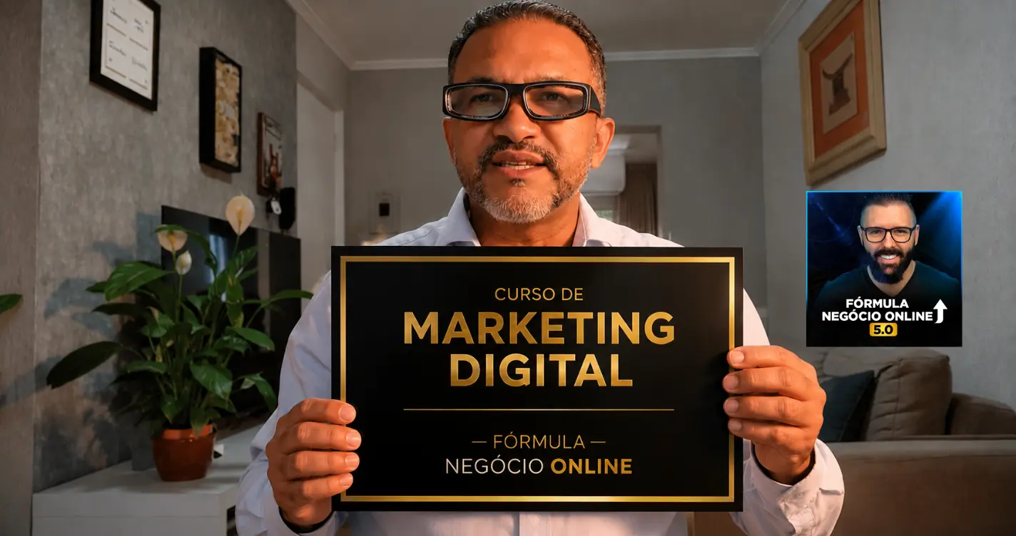 Homem segurando uma placa de reconhecimento do melhor curso de marketing digital para construção de negócios online.