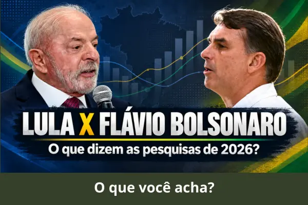 Fotografias de Lula e Flávio Bolsonaro lado a lado em montagem sobre a eleição presidencial de 2026